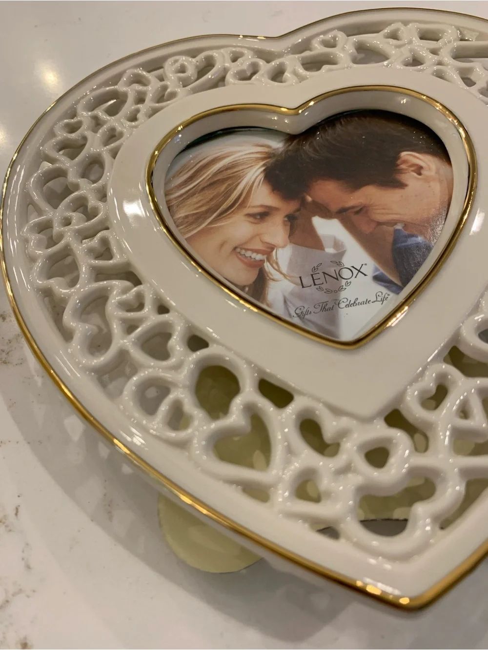 Lenox Pierced Heart Ivory Porcelain Gold Trim Small Picture Frame 6” NEW.